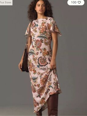 Kachel Pink Floral Midi Dress with Asymmetric Hem, 6